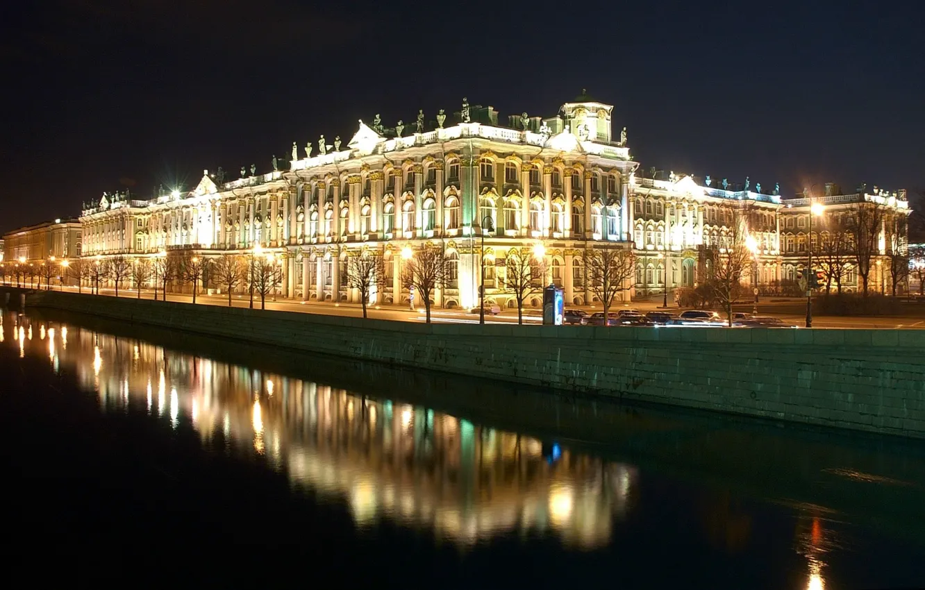 Photo wallpaper reflection, Night, Peter, Saint Petersburg, The Hermitage