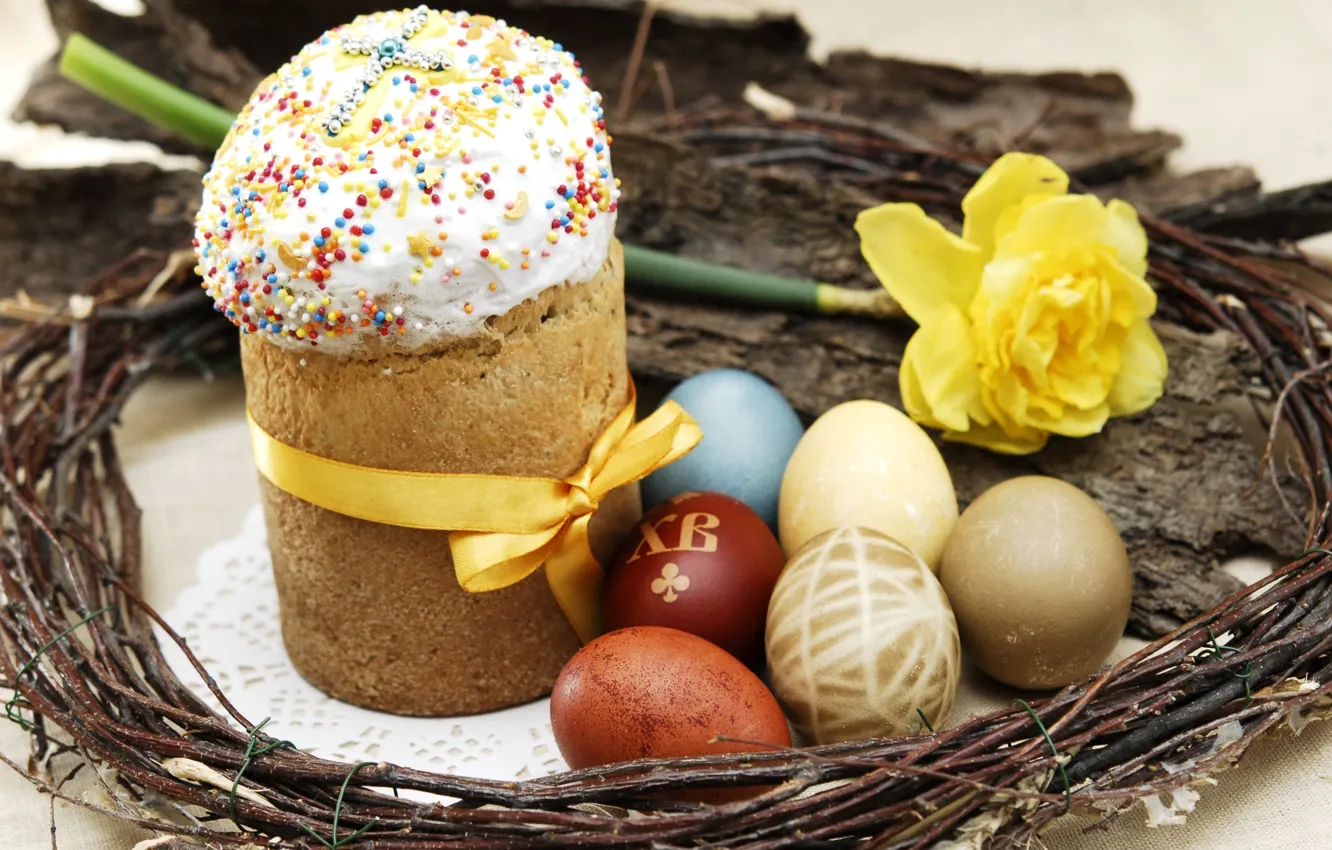 Photo wallpaper Easter, bow, cake, Verba, Narcissus, eggs