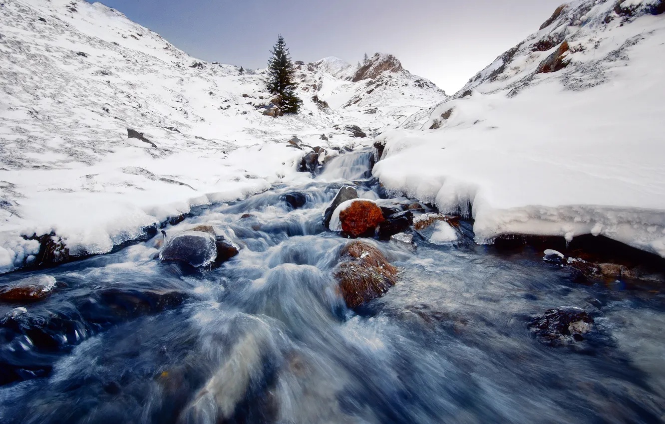 Photo wallpaper snow, nature, river, stones, rocks, ice, threads