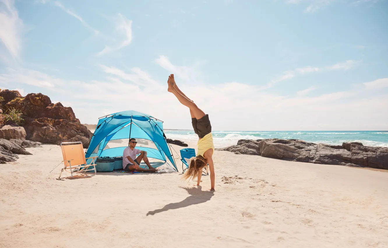 Photo wallpaper sand, beach, girl, Australia, tent, Sydney, male, two