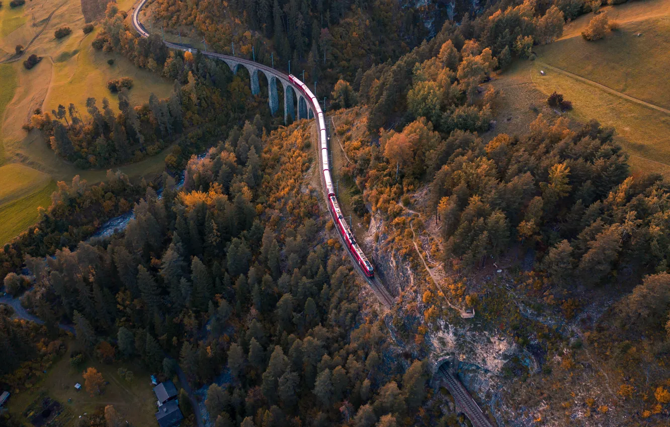 Photo wallpaper river, Switzerland, bridge, autumn, tunnel, train, railway, aerial view