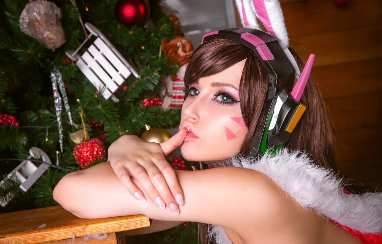Photo wallpaper new year, portrait, makeup, headphones, hairstyle, outfit, tree, cosplay