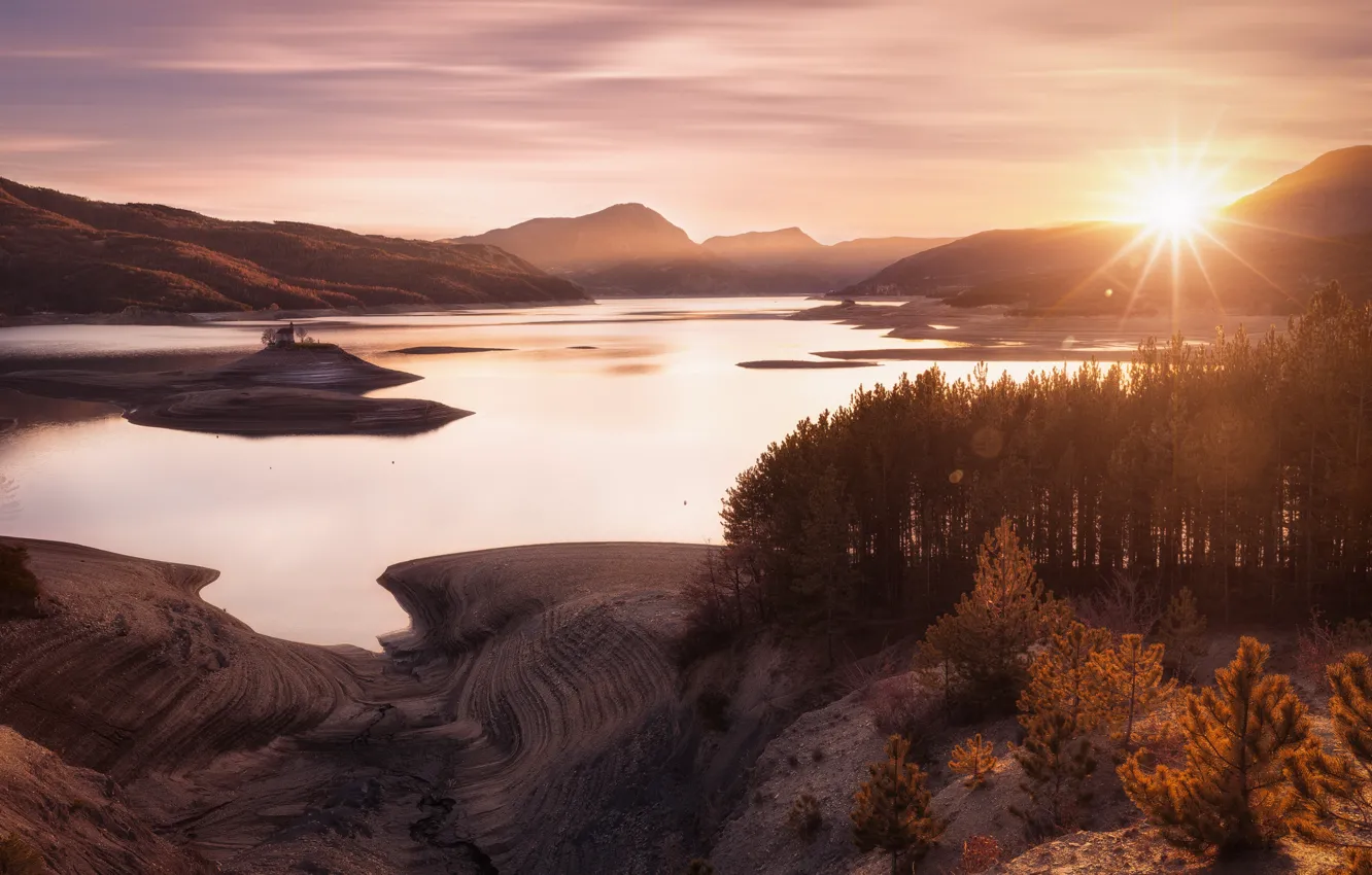 Photo wallpaper autumn, forest, the sun, light, sunset, shore, island, the evening