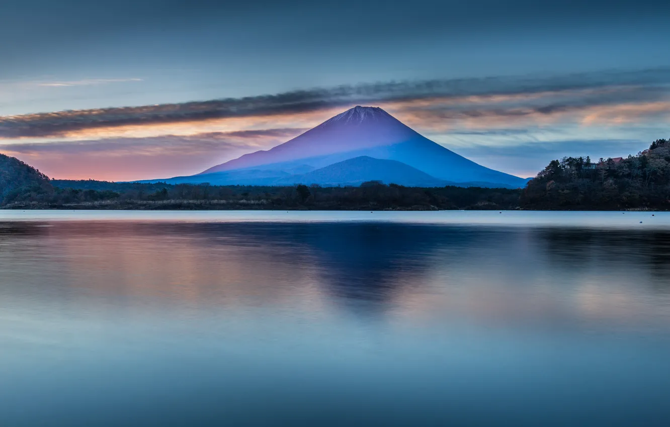Photo wallpaper the sky, trees, landscape, mountains, lake, surface, Japan, Fuji