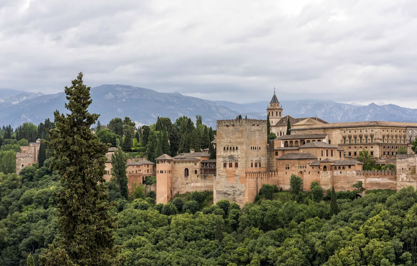 Photo wallpaper Spain, mountains, fog, architecture, trees, the city, castle, fortress