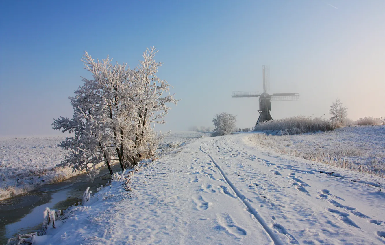 Photo wallpaper winter, frost, road, field, the sky, snow, trees, branches