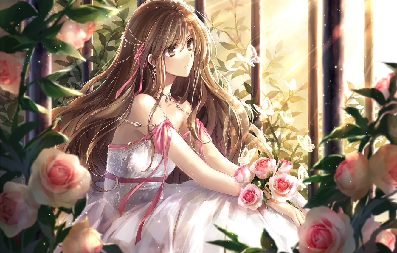 Photo wallpaper girl, butterfly, flowers, roses, cell, anime, art, hagiwara rin