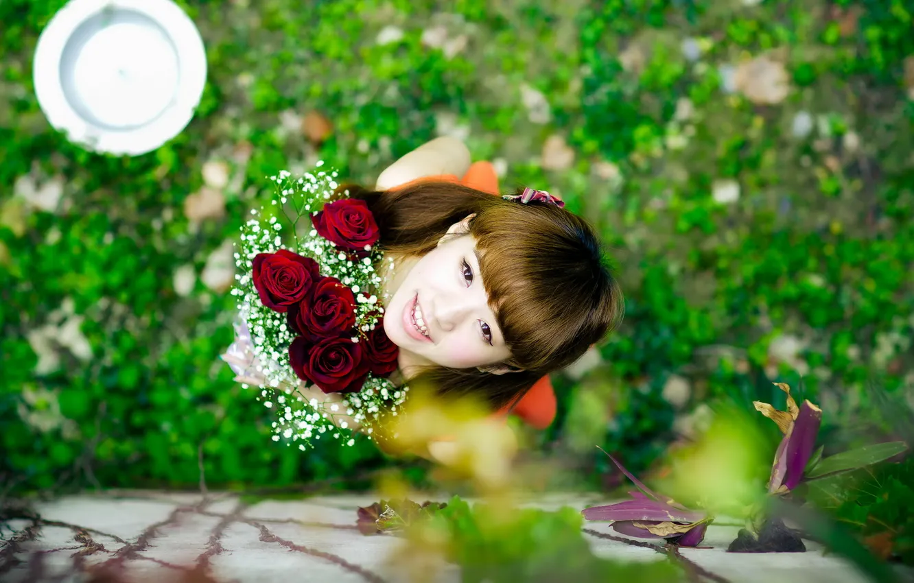 Photo wallpaper look, roses, girl