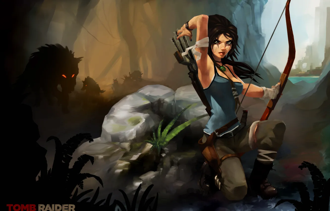 Photo wallpaper wolf, art, Tomb Raider, Lara Croft, Lara Croft