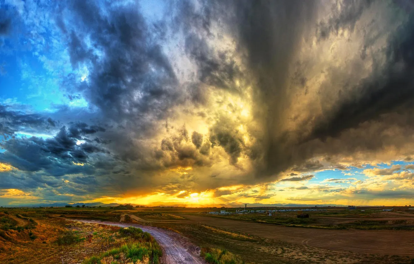 Photo wallpaper road, field, the sky, clouds, sunset, clouds, horizon