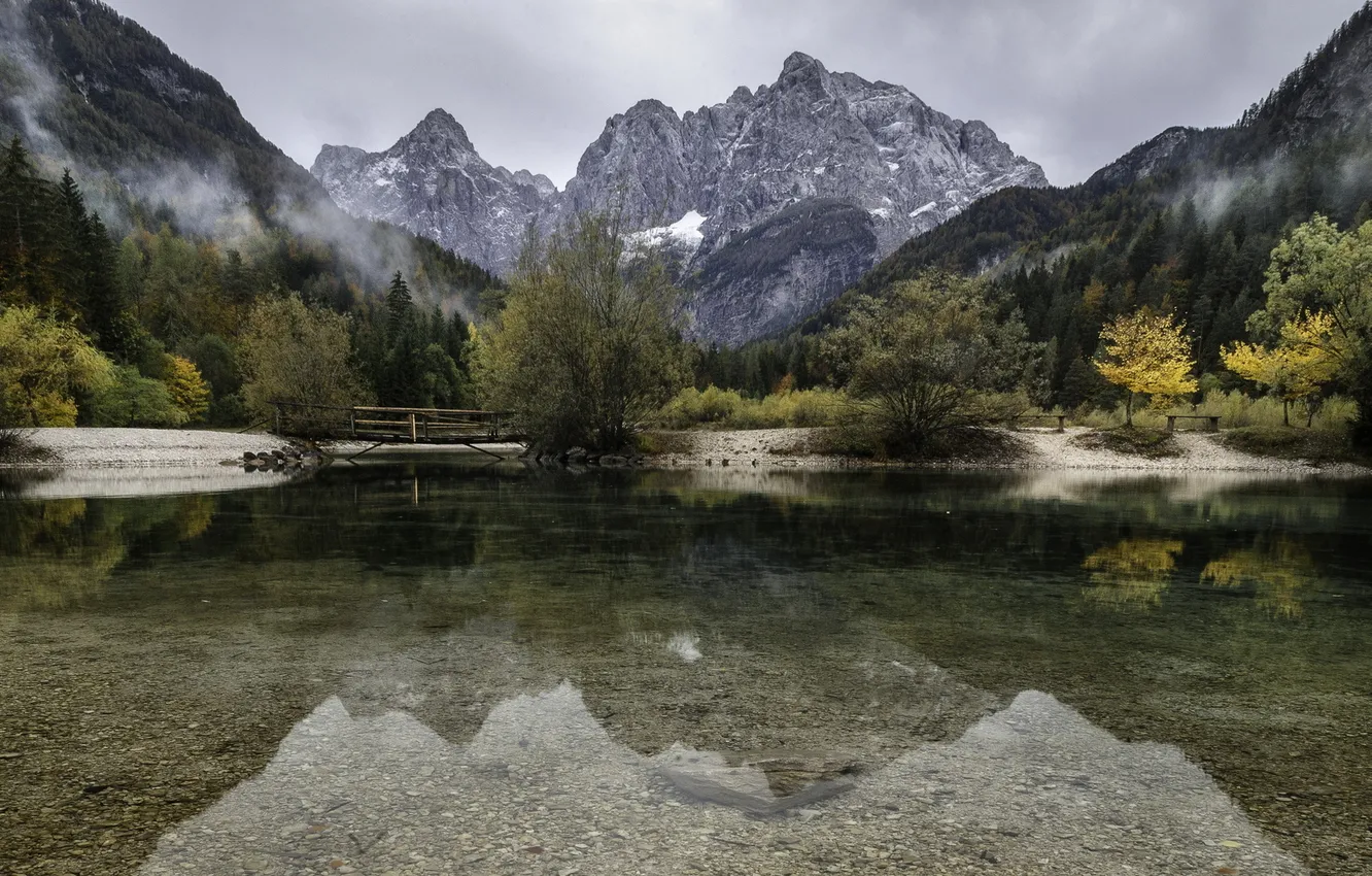 Photo wallpaper landscape, mountains, bridge, lake