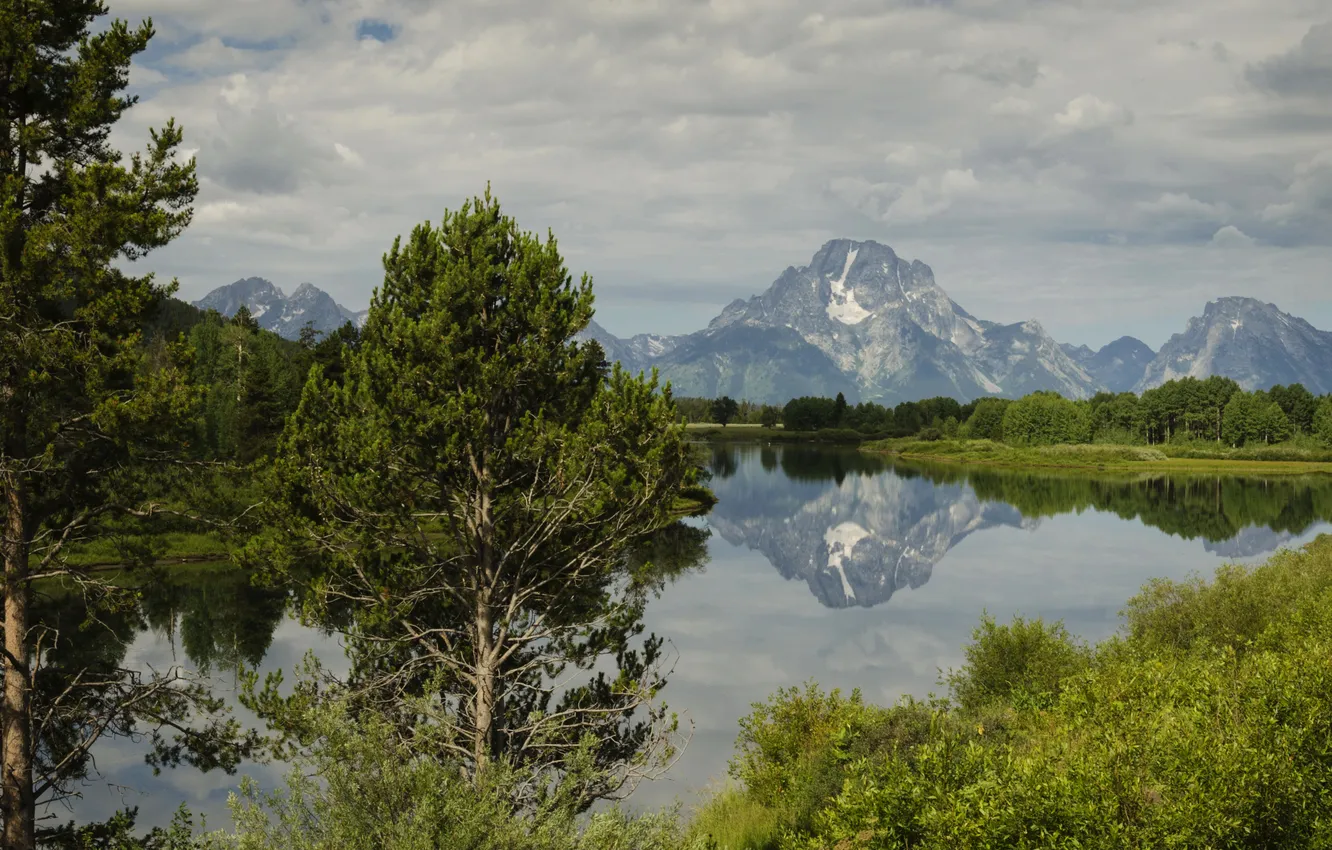 Photo wallpaper forest, clouds, trees, mountains, lake, reflection, USA, Wyoming