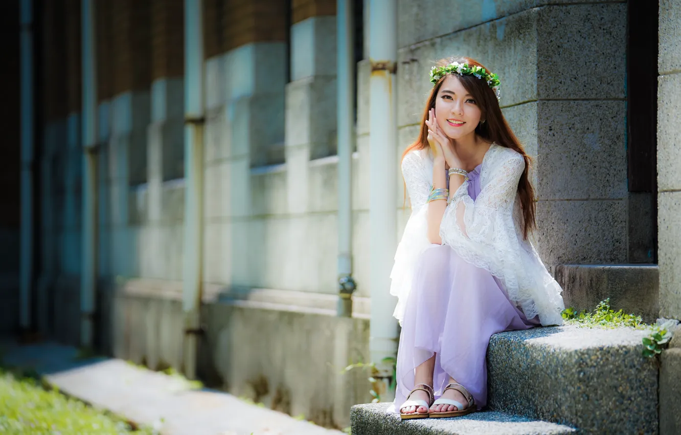 Photo wallpaper girl, Asian, wreath, cutie, bokeh