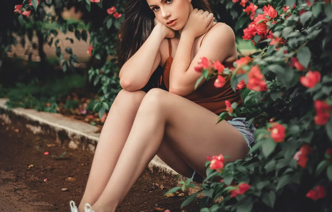 Photo wallpaper look, girl, flowers, pose, sneakers, legs