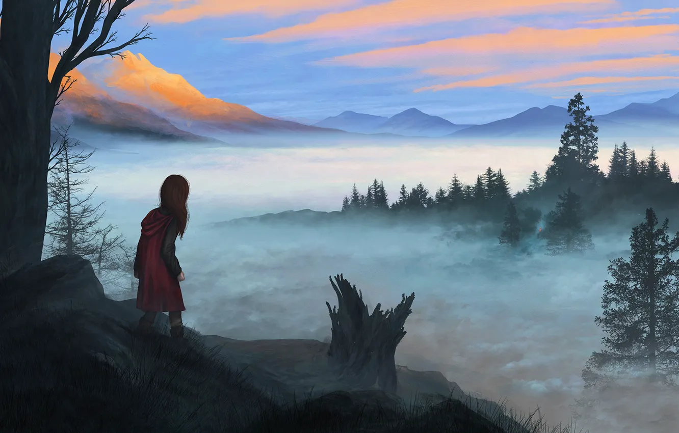 Photo wallpaper Girl, Mountains, Fog, Mountain, Forest, Girl, Dawn, Landscape