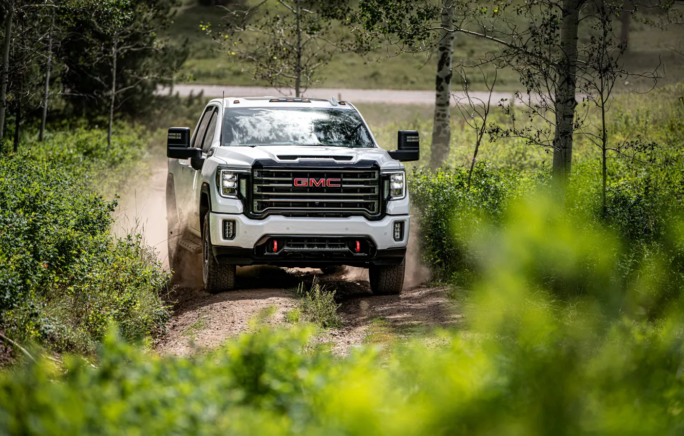 Photo wallpaper greens, vegetation, dust, pickup, GMC, dirt road, Sierra, AT4