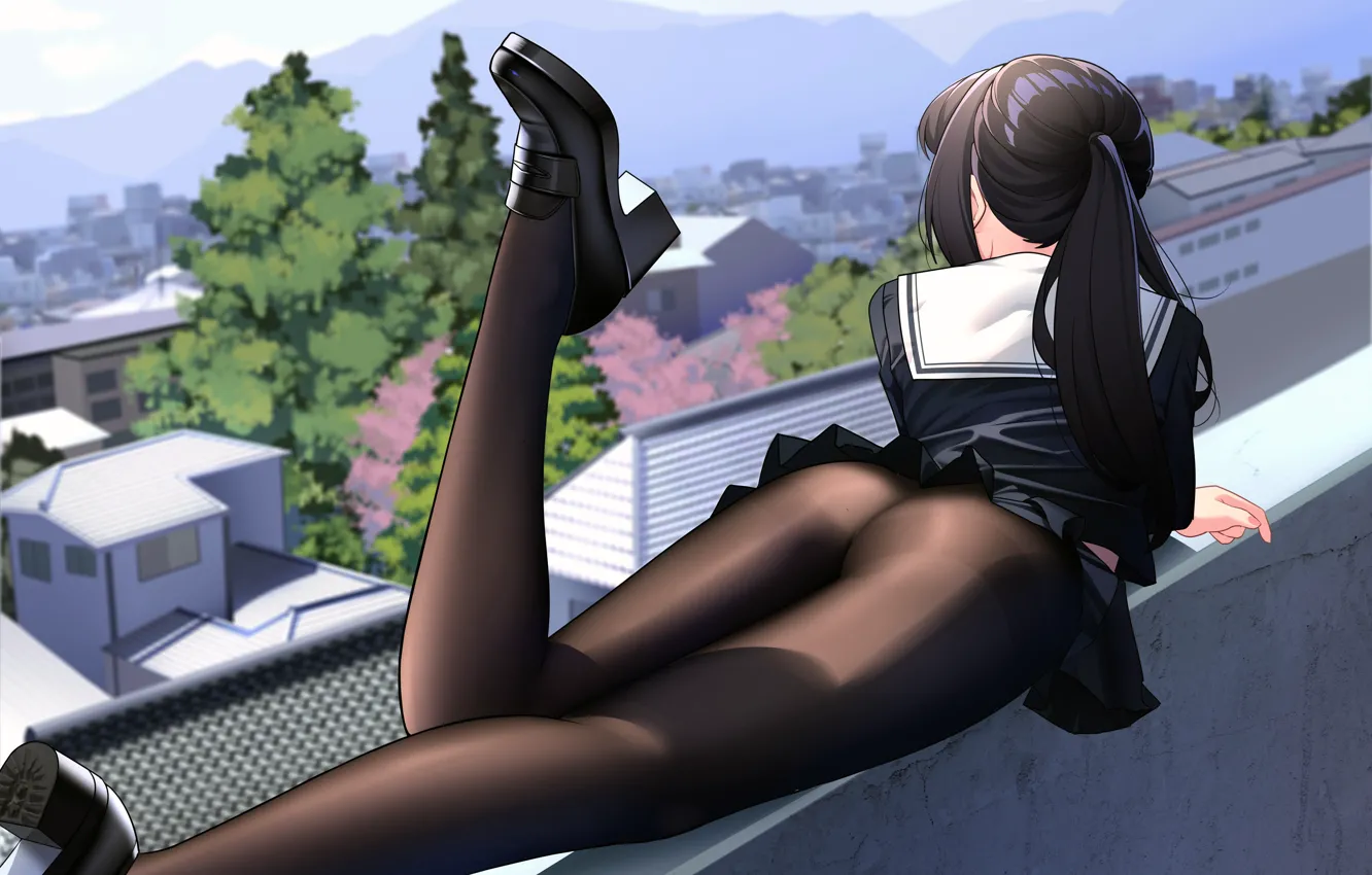 Photo wallpaper shoes, pantyhose, tights, uniform, anime girl, Rooftop, high school girl, school building