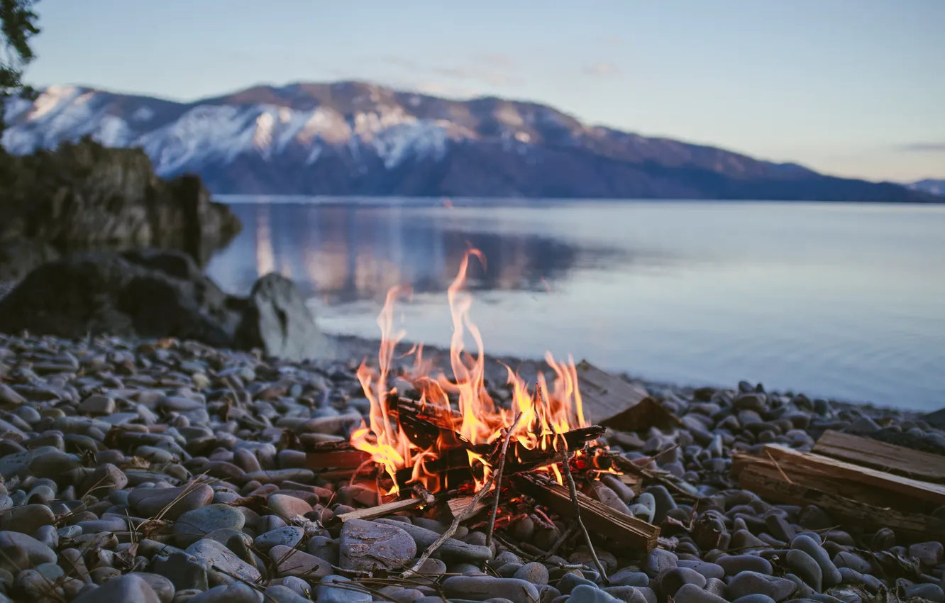 Photo wallpaper Mountains, Trees, River, Fire, Forest, Stones, The fire