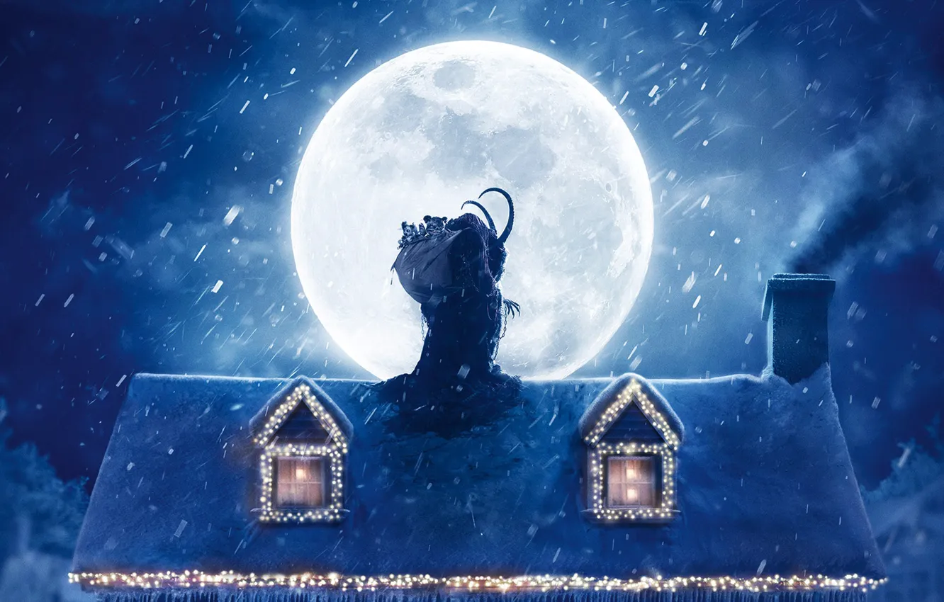 Photo wallpaper roof, snow, decoration, night, the moon, toy, smoke, home