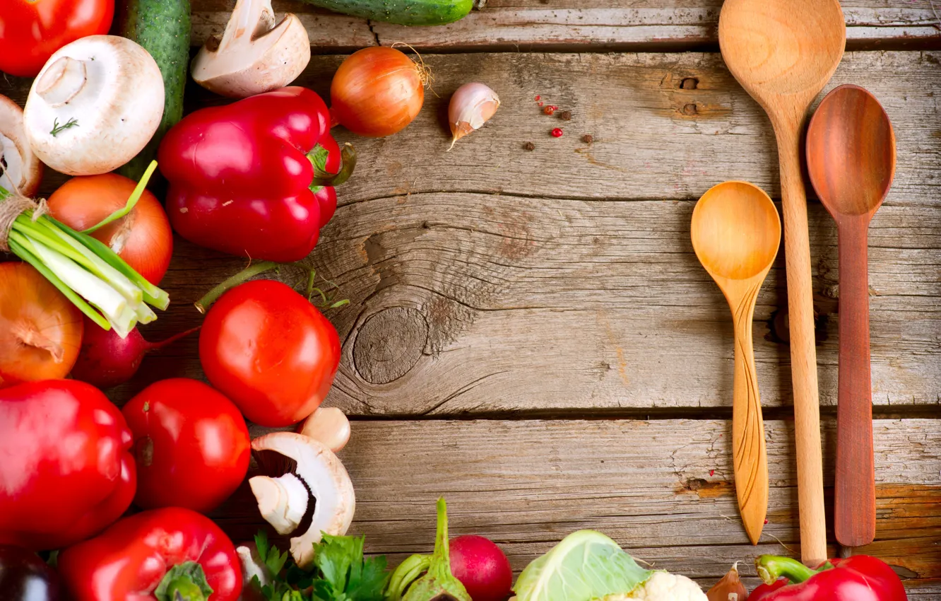 Photo wallpaper greens, table, mushrooms, bow, spoon, wooden, pepper, vegetables