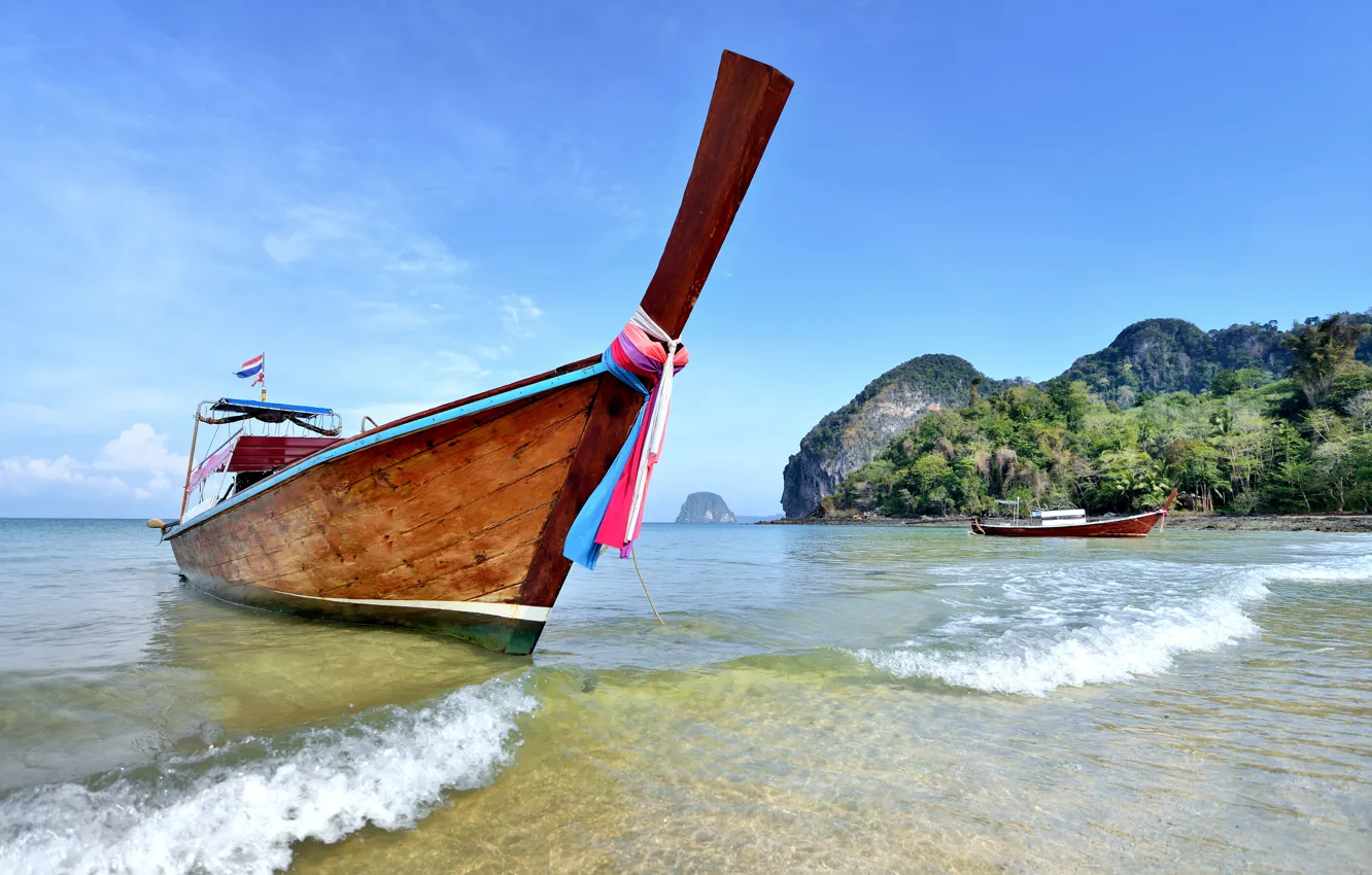 Photo wallpaper sand, sea, wave, beach, summer, the sky, shore, boat