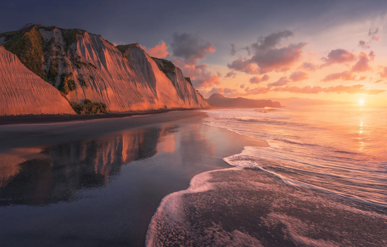 Photo wallpaper clouds, fog, reflection, rocks, dawn, dal, morning, haze