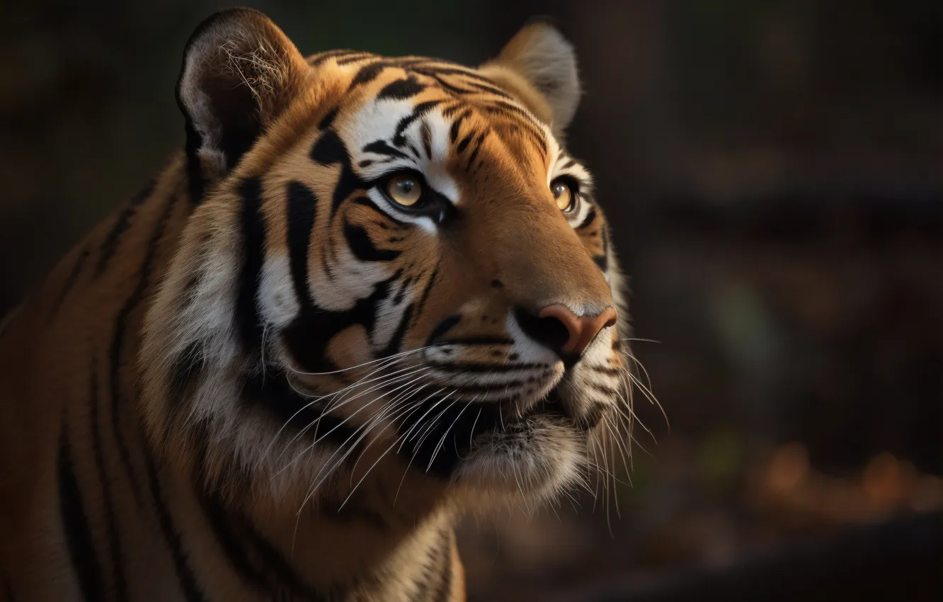 Photo wallpaper look, face, tiger, predator, big cat, digital art, AI art, The Art of Artificial Intelligence