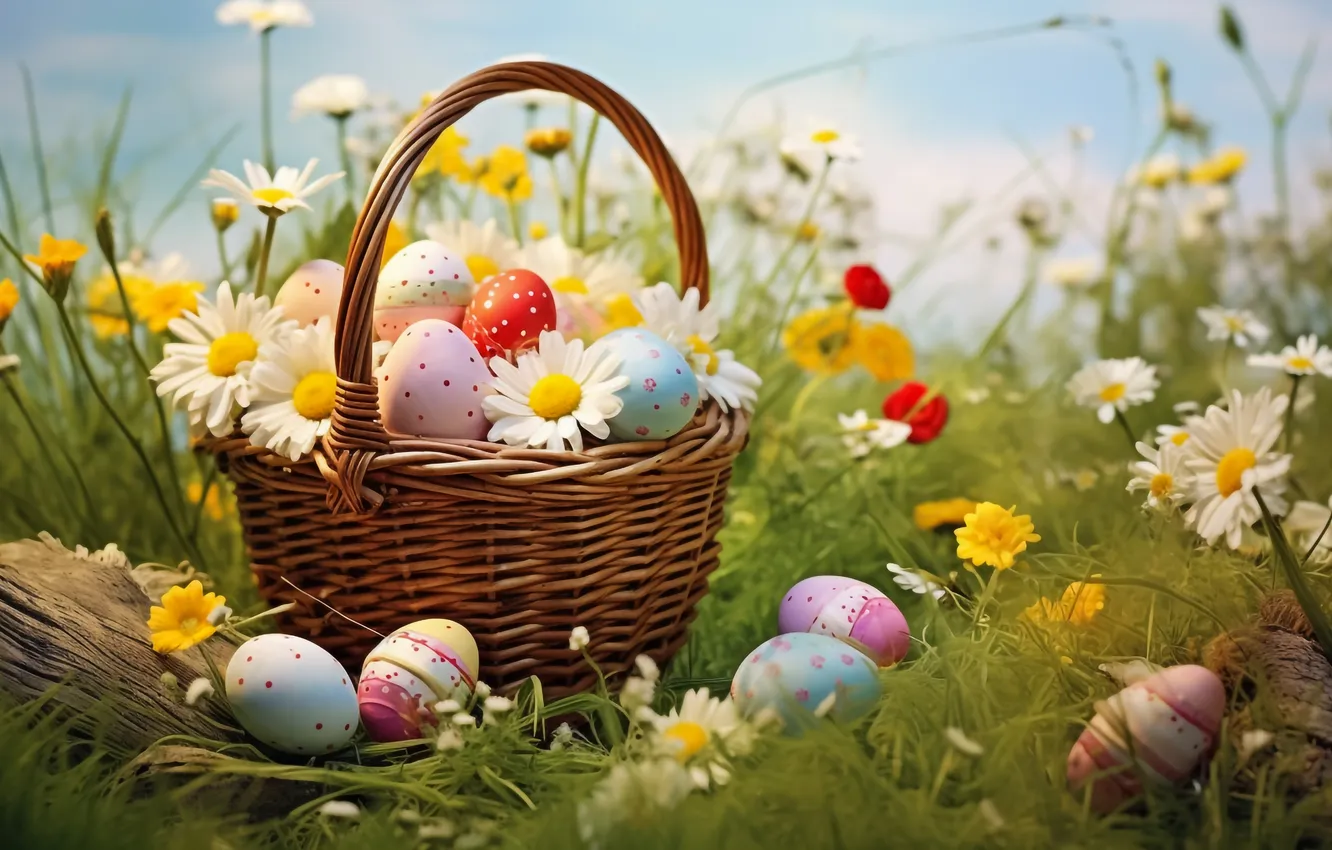 Photo wallpaper flowers, basket, glade, eggs, spring, colorful, Easter, flowers