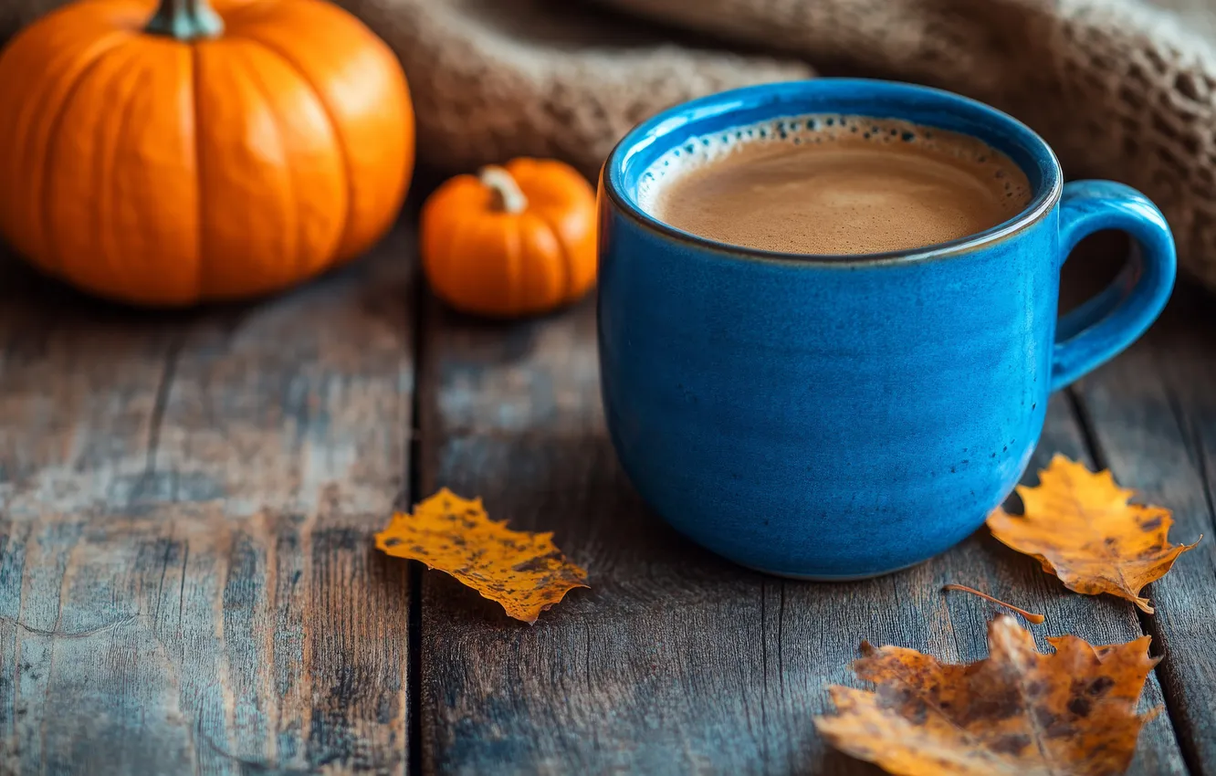 Photo wallpaper autumn, comfort, Board, coffee, mug, pumpkin, drink, cocoa