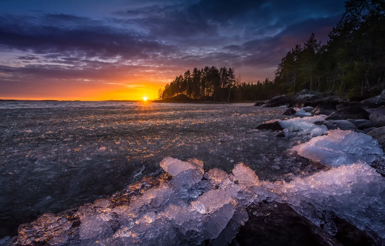 Photo wallpaper ice, sea, sunset