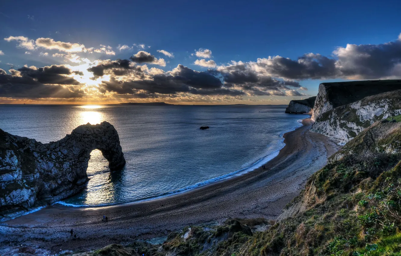 Photo wallpaper sea, the sky, the sun, clouds, sunset, rocks, coast, England