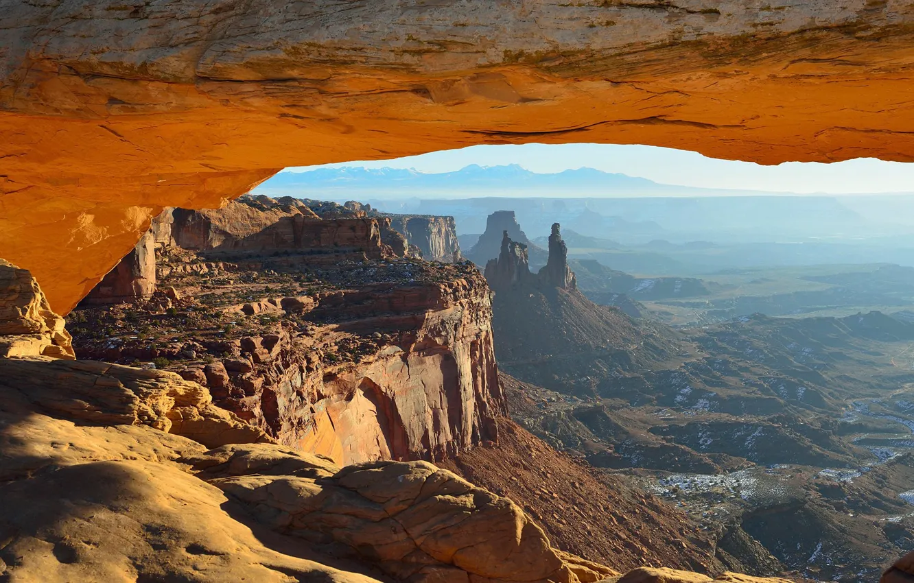 Photo wallpaper USA, landscape, nature, rocks, canyon, Utah, cave, mist