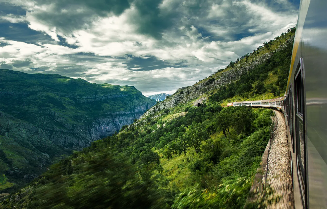Photo wallpaper landscape, mountains, clouds, nature, train, slope, Montenegro