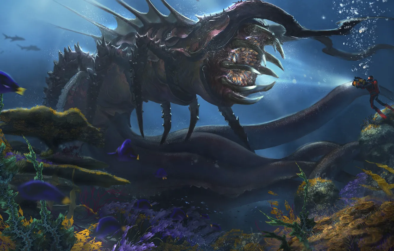 Photo wallpaper fish, the diver, monster, Deep Sea Creature, Alejandro Olmedo