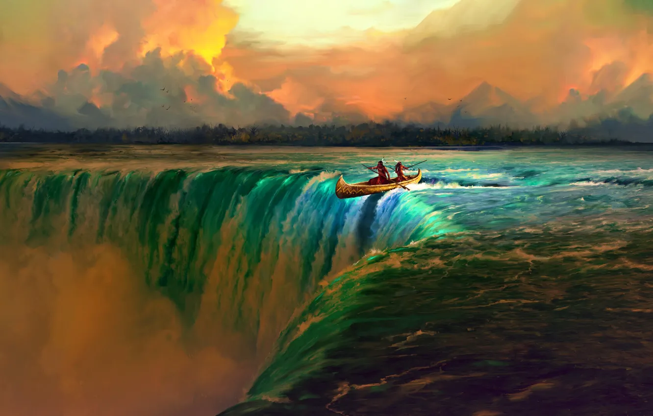 Photo wallpaper Water, Waterfall, River, The Indians, Landscape, Drop, Concept Art, Characters