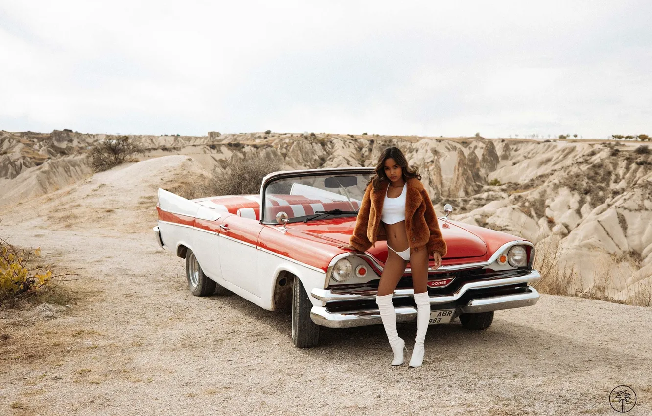 Photo wallpaper car, girl, sexy, model, boots, Fur Coat