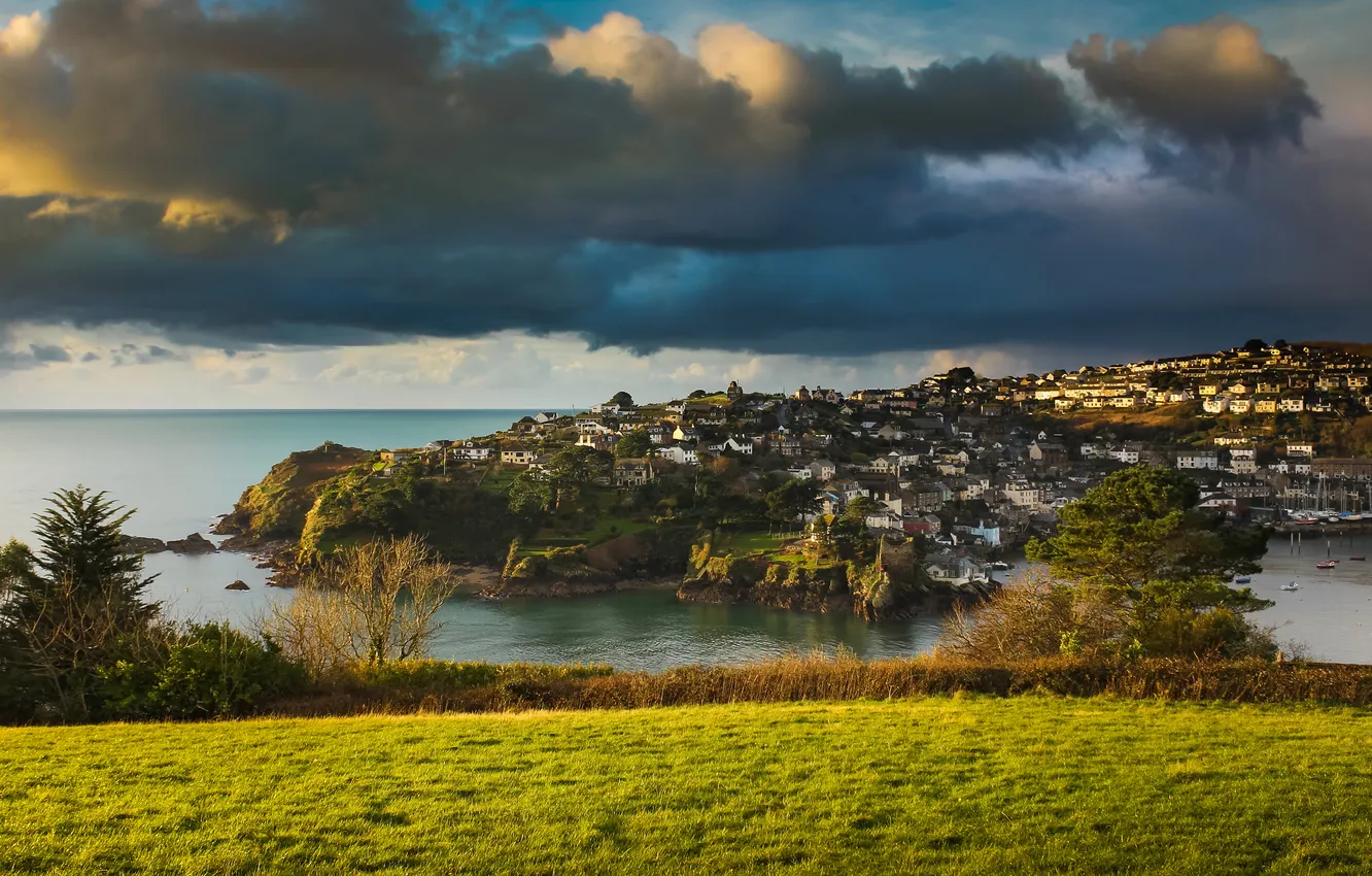 Photo wallpaper field, the sky, grass, clouds, the city, shore, view, home