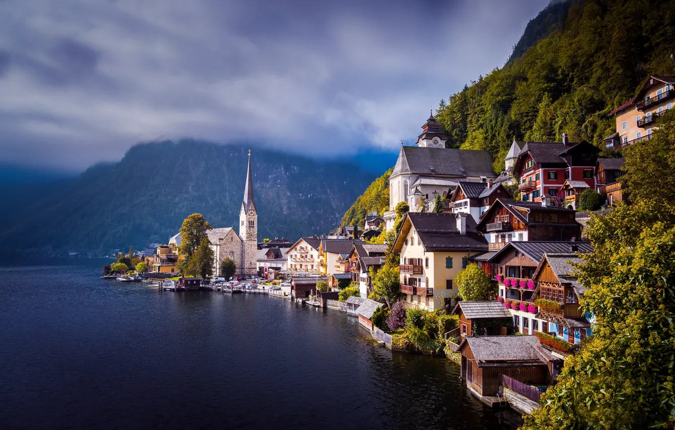 Photo wallpaper water, lake, home, Austria, Austria, Hallstatt, Lake Hallstatt, Hallstatt