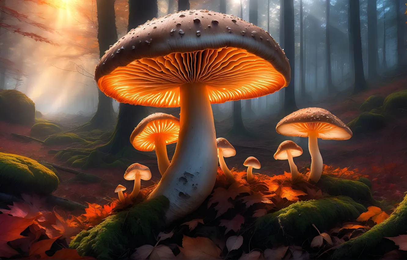 Photo wallpaper forest, macro, mushrooms