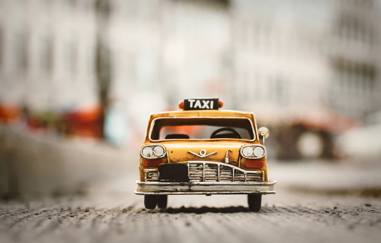 Photo wallpaper car, toy, old, taxi, yellow, toy, street, asphalt