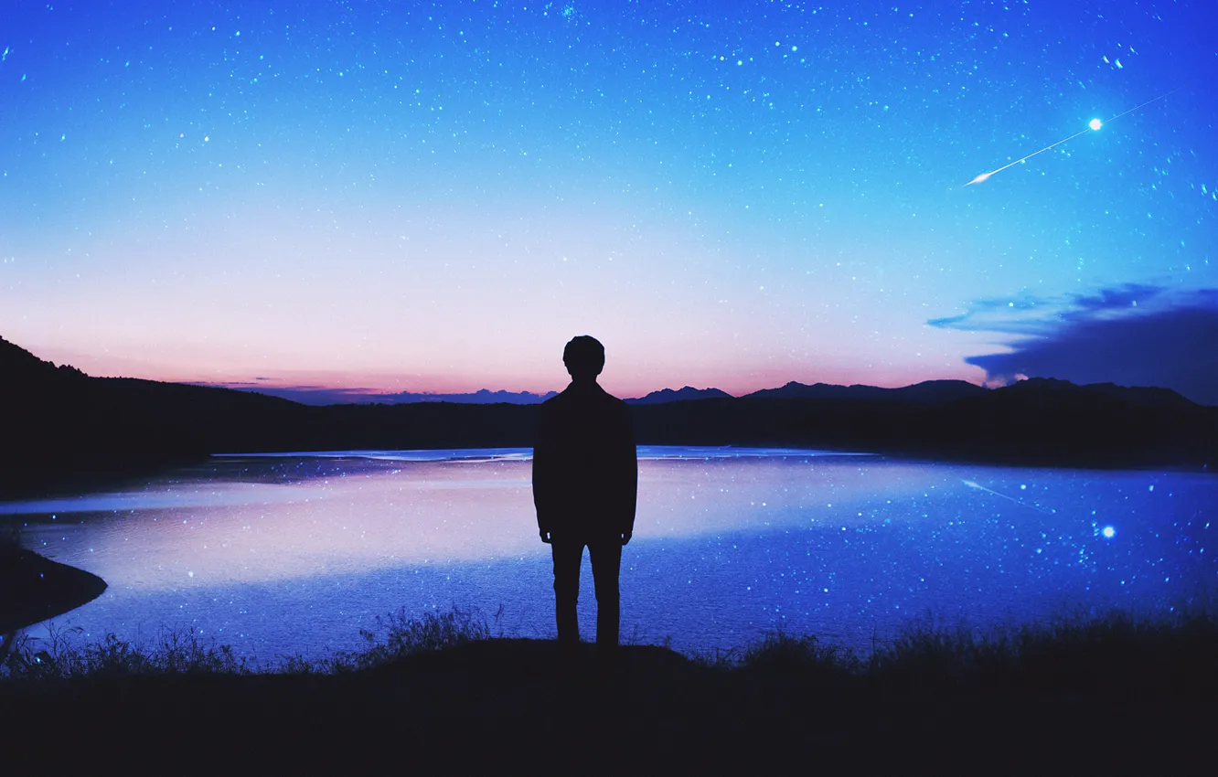 Photo wallpaper the sky, stars, clouds, lake, reflection, mirror, silhouette, male