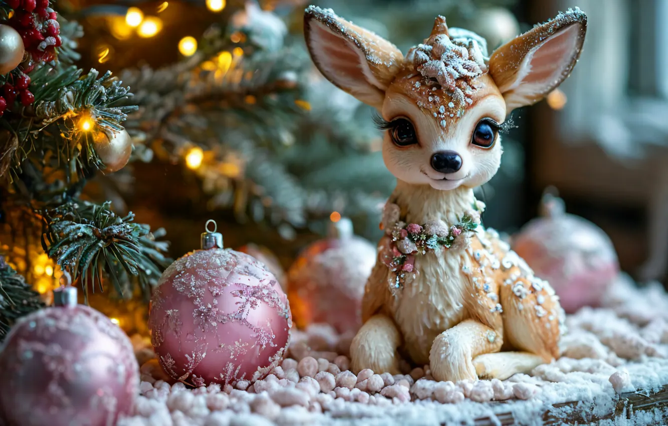 Photo wallpaper winter, snow, mood, tree, new year, beauty, deer, Christmas decorations
