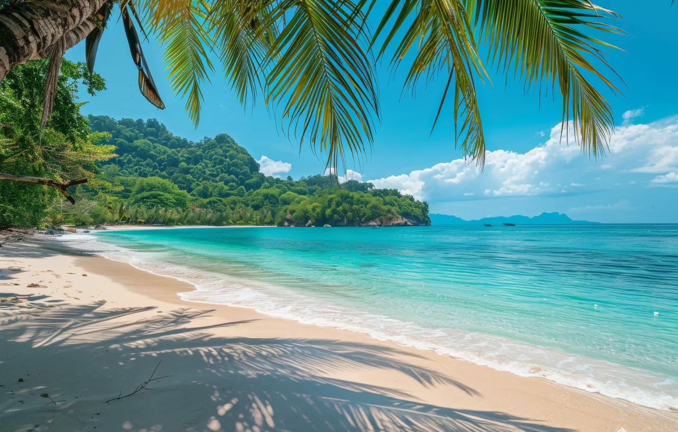 Photo wallpaper sand, sea, wave, forest, beach, summer, the sky, clouds