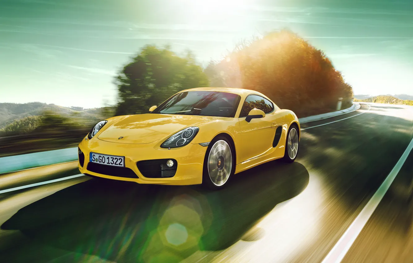 Photo wallpaper road, car, Porsche, in motion, rechange, porsche cayman