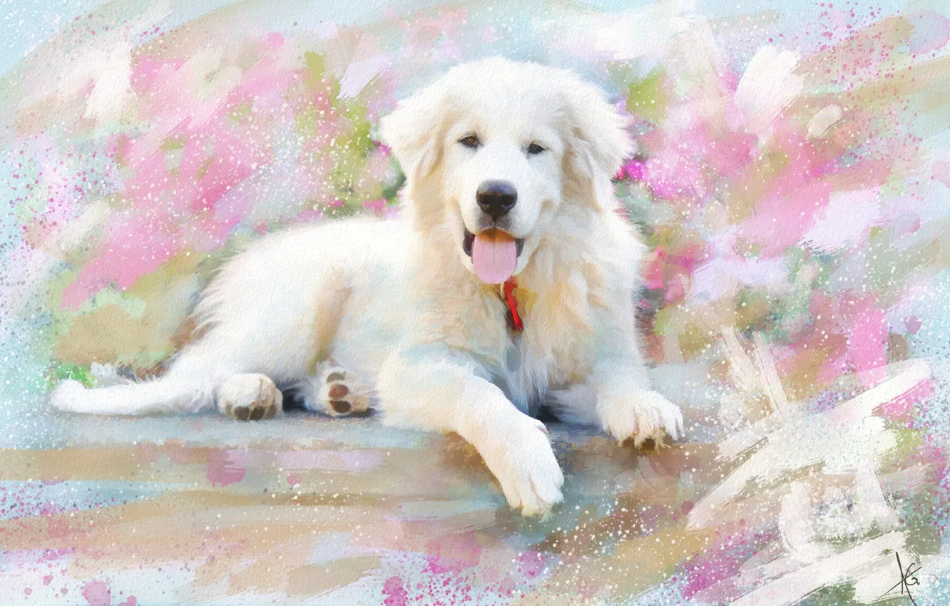 Photo wallpaper figure, dog, picture, white, painting, strokes, drawn, happy