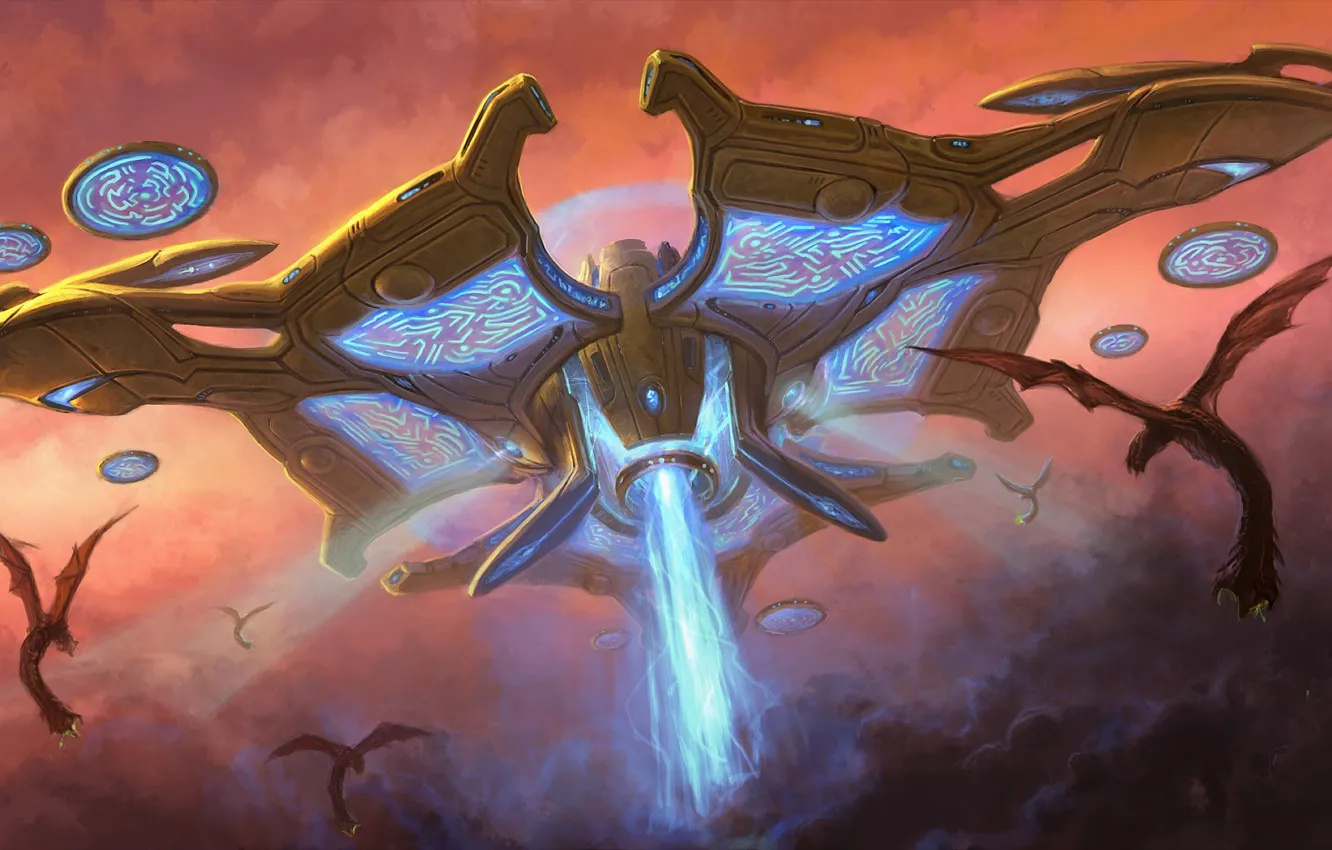 Photo wallpaper figure, ship, monster, UFO, starcraft 2