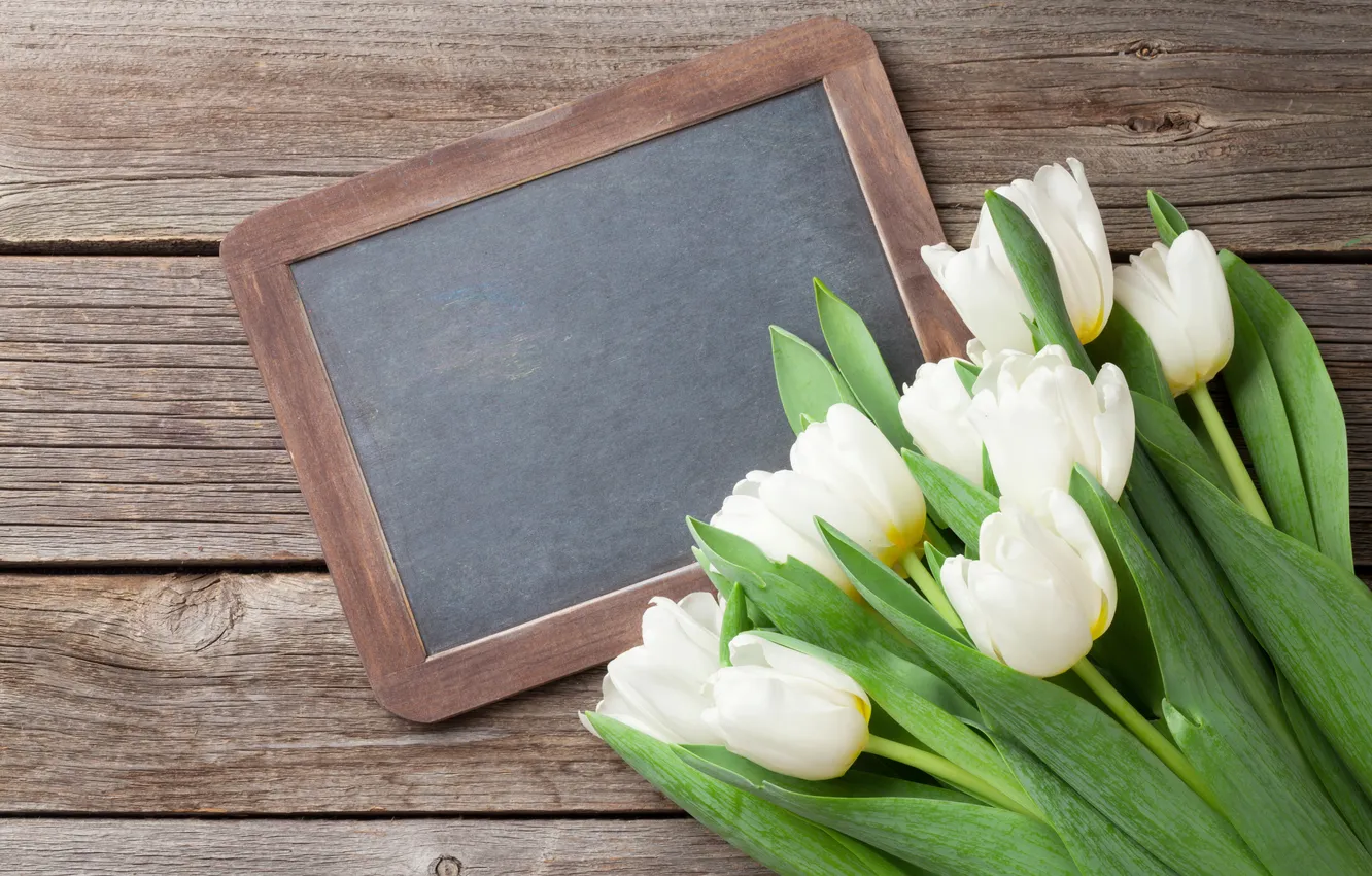 Photo wallpaper flowers, bouquet, tulips, white, wood, flowers, tulips, postcard