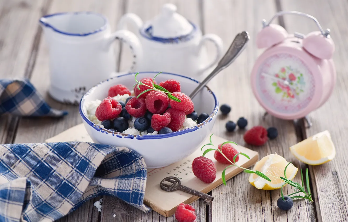 Photo wallpaper berries, raspberry, key, blueberries, alarm clock, cheese