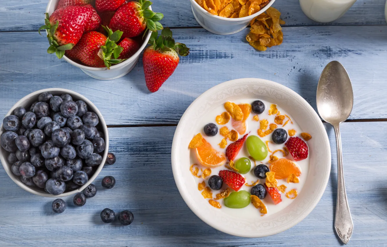 Photo wallpaper Breakfast, berry, fruit, breakfast, fruit, berry, A delicious dessert, Delicious dessert