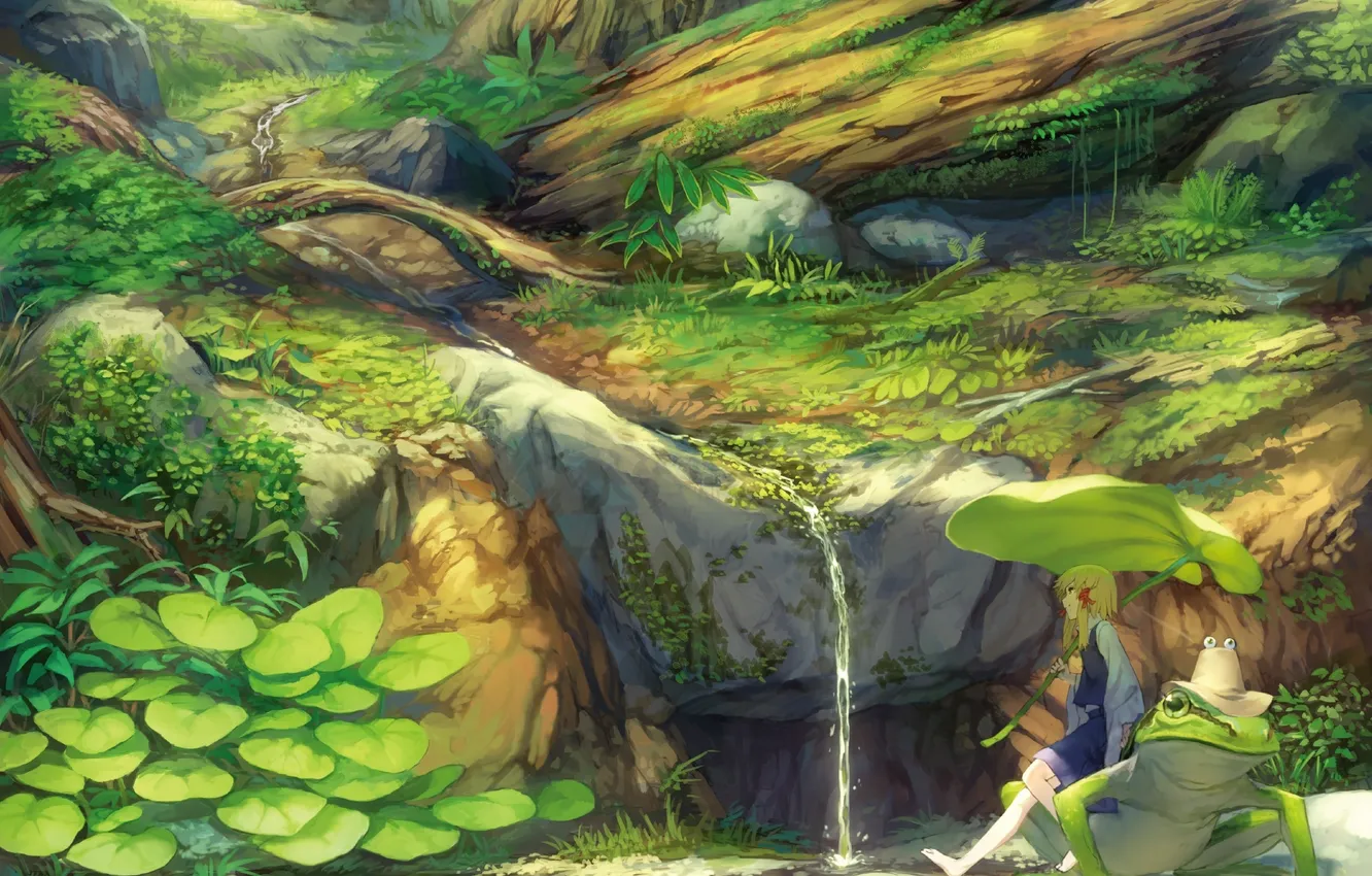 Photo wallpaper forest, girl, trees, nature, stream, frog, hat, anime